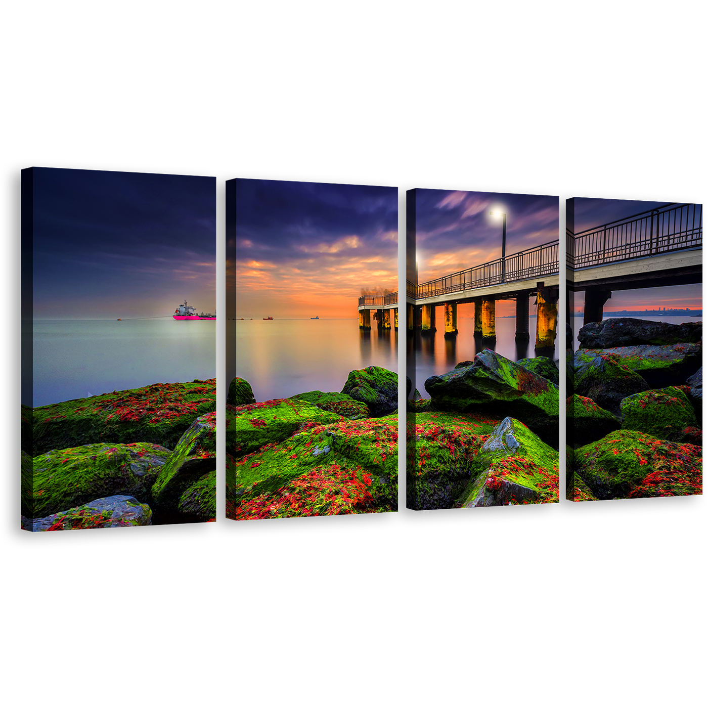 Sea Pier Canvas Print, Green Seascape Boulders Canvas Set, Blue Sky Cloudy Sunset 4 Piece Canvas Wall Art