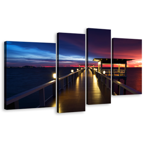 Sea Pier Canvas Wall Art, Dramatic Blue Red Sunset Sky Multi Canvas, Wooden Bridge Ocean 4 Piece Canvas Print, Pier at Evening Canvas Set