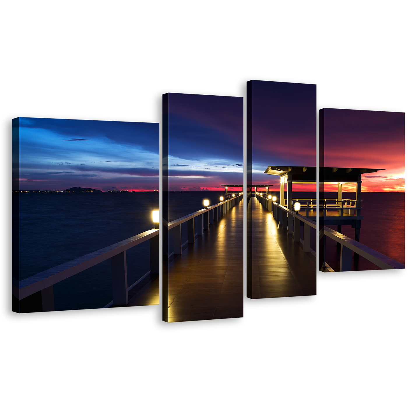 Sea Pier Canvas Wall Art, Dramatic Blue Red Sunset Sky Multi Canvas, Wooden Bridge Ocean 4 Piece Canvas Print, Pier at Evening Canvas Set