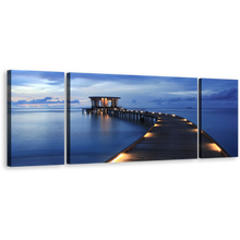 Load image into Gallery viewer, Sea Pier Wall Art, Maldives Yellow Lights 3 Piece Canvas Print, Blue Cloudy Sky Wooden Pier Multiple Canvas
