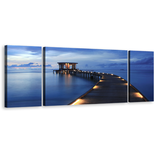 Sea Pier Wall Art, Maldives Yellow Lights 3 Piece Canvas Print, Blue Cloudy Sky Wooden Pier Multiple Canvas