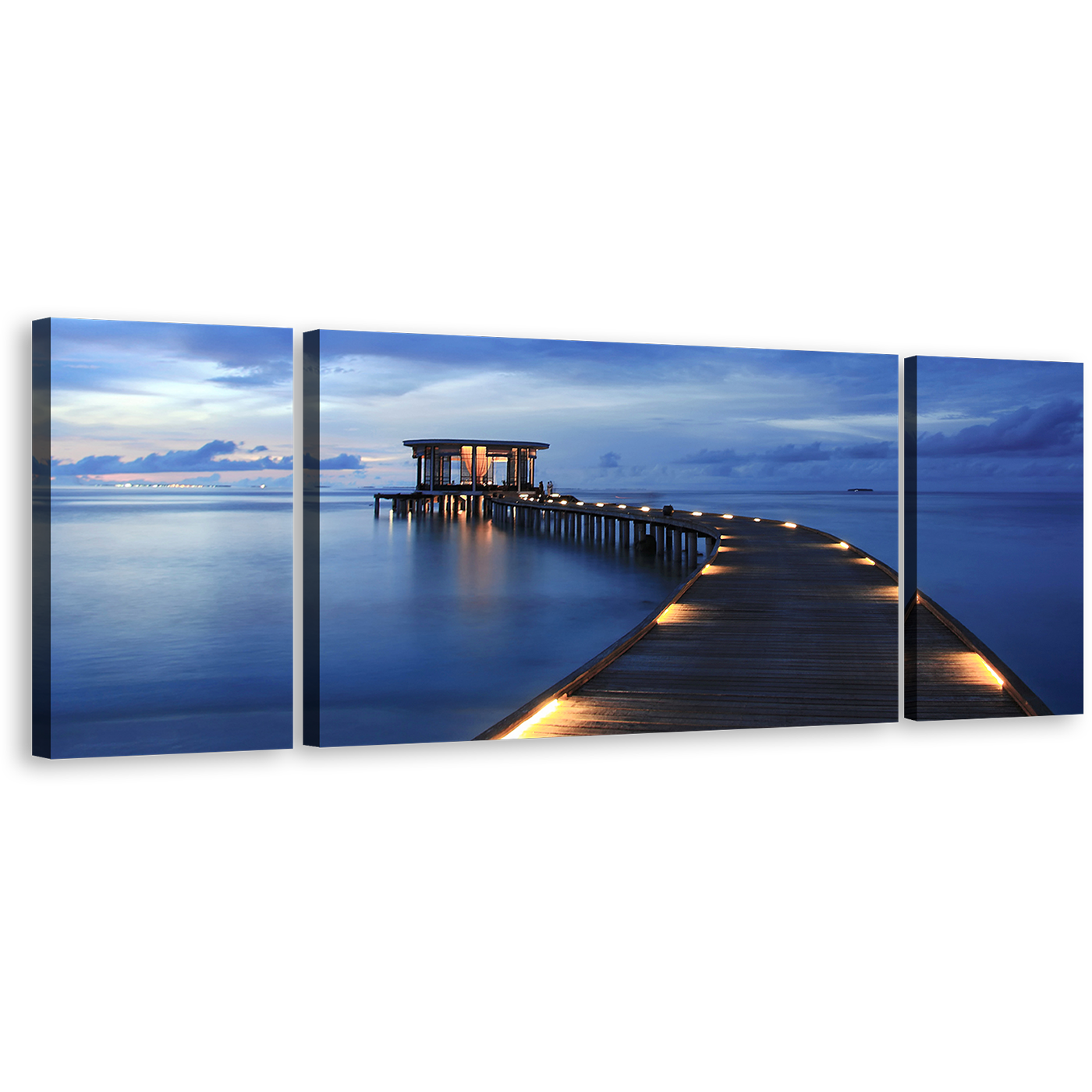 Sea Pier Wall Art, Maldives Yellow Lights 3 Piece Canvas Print, Blue Cloudy Sky Wooden Pier Multiple Canvas