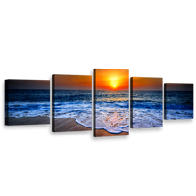 Load image into Gallery viewer, Sea Sunset Canvas Wall Art, Blue Ocean Sand Sunset View Canvas Print, Orange Seascape on Dusk 5 Piece Multiple Canvas
