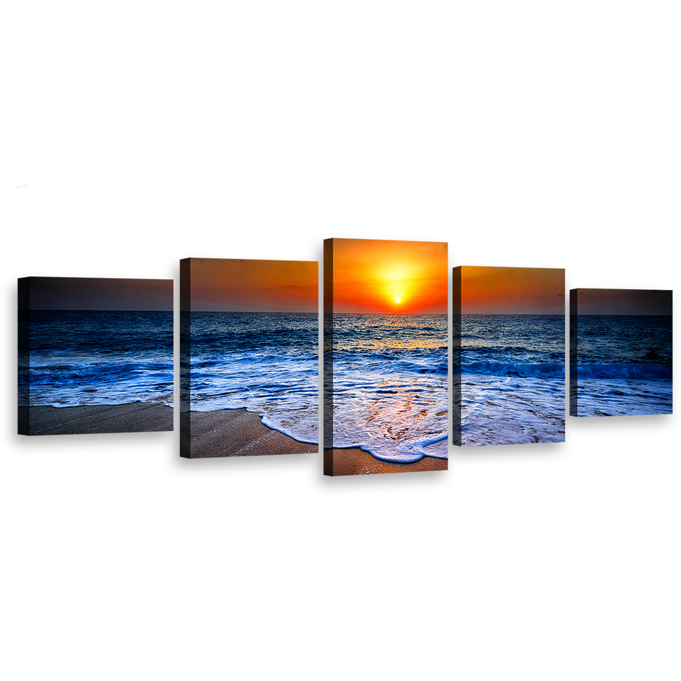 Sea Sunset Canvas Wall Art, Blue Ocean Sand Sunset View Canvas Print, Orange Seascape on Dusk 5 Piece Multiple Canvas