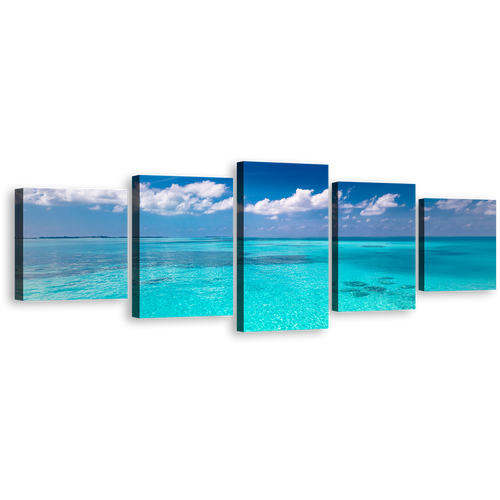 Sea Water Canvas Wall Art, White Clouds Ocean 5 Piece Canvas Print, Beautiful Blue Ocean Multi Canvas Artwork