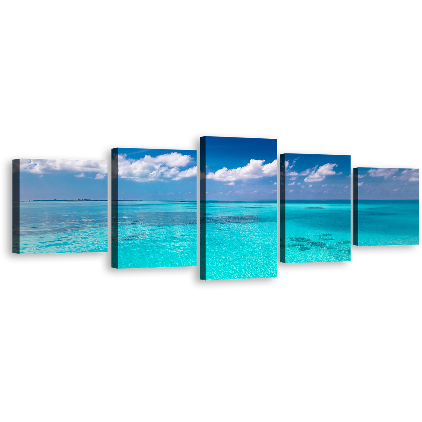 Sea Water Canvas Wall Art, White Clouds Ocean 5 Piece Canvas Print, Beautiful Blue Ocean Multi Canvas Artwork