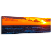 Load image into Gallery viewer, Sea Waves Canvas Print, Cloudy Orange Sunset Ocean Sky 1 Piece Canvas Wall Art, Blue Ocean Waves Wide Canvas
