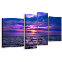 Load image into Gallery viewer, Sea Waves Canvas Print, Dramatic Purple Ocean Sky Wall Art, Yellow Cloudy Sunset Seascape 4 Piece Multi Canvas
