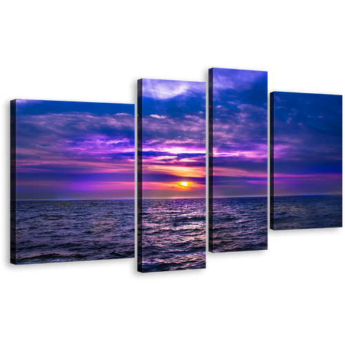 Sea Waves Canvas Print, Dramatic Purple Ocean Sky Wall Art, Yellow Cloudy Sunset Seascape 4 Piece Multi Canvas