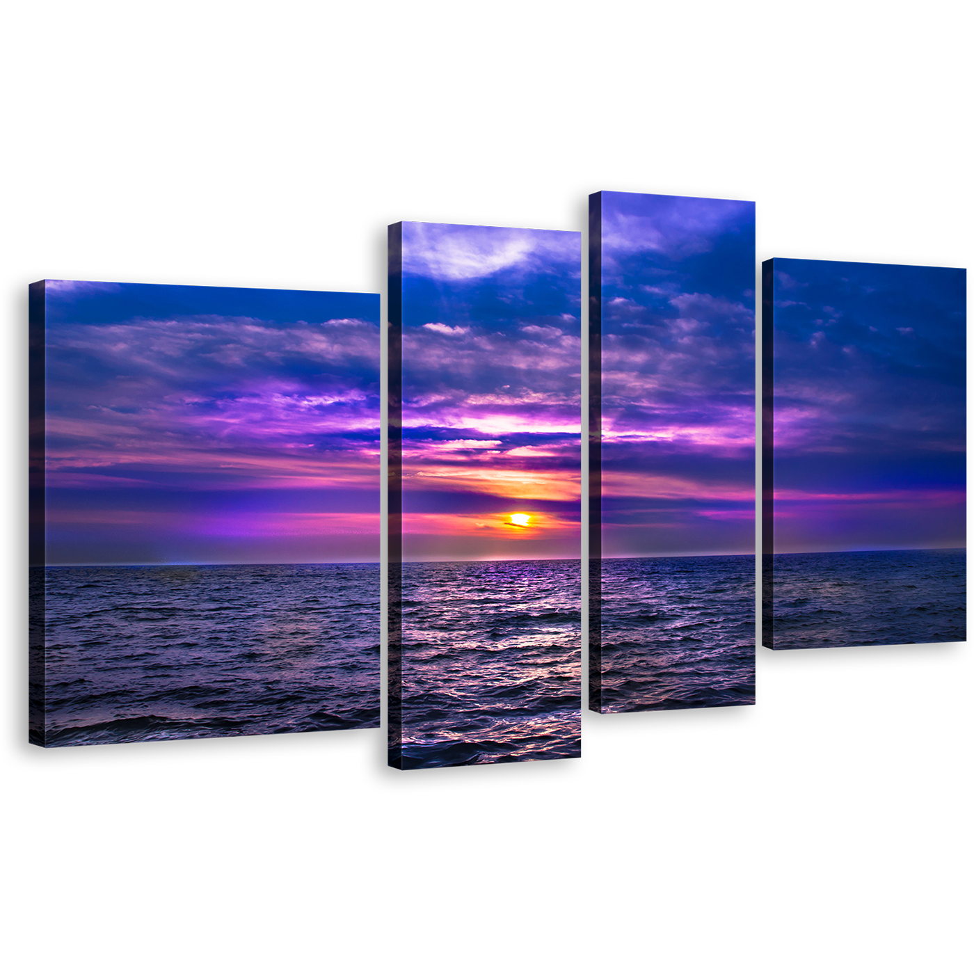 Sea Waves Canvas Print, Dramatic Purple Ocean Sky Wall Art, Yellow Cloudy Sunset Seascape 4 Piece Multi Canvas