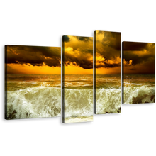 Load image into Gallery viewer, Sea Waves Canvas Print, Green Ocean Waves 4 Piece Canvas Wall Art, Yellow Cloudy Sky Seascape Storm Multi Canvas
