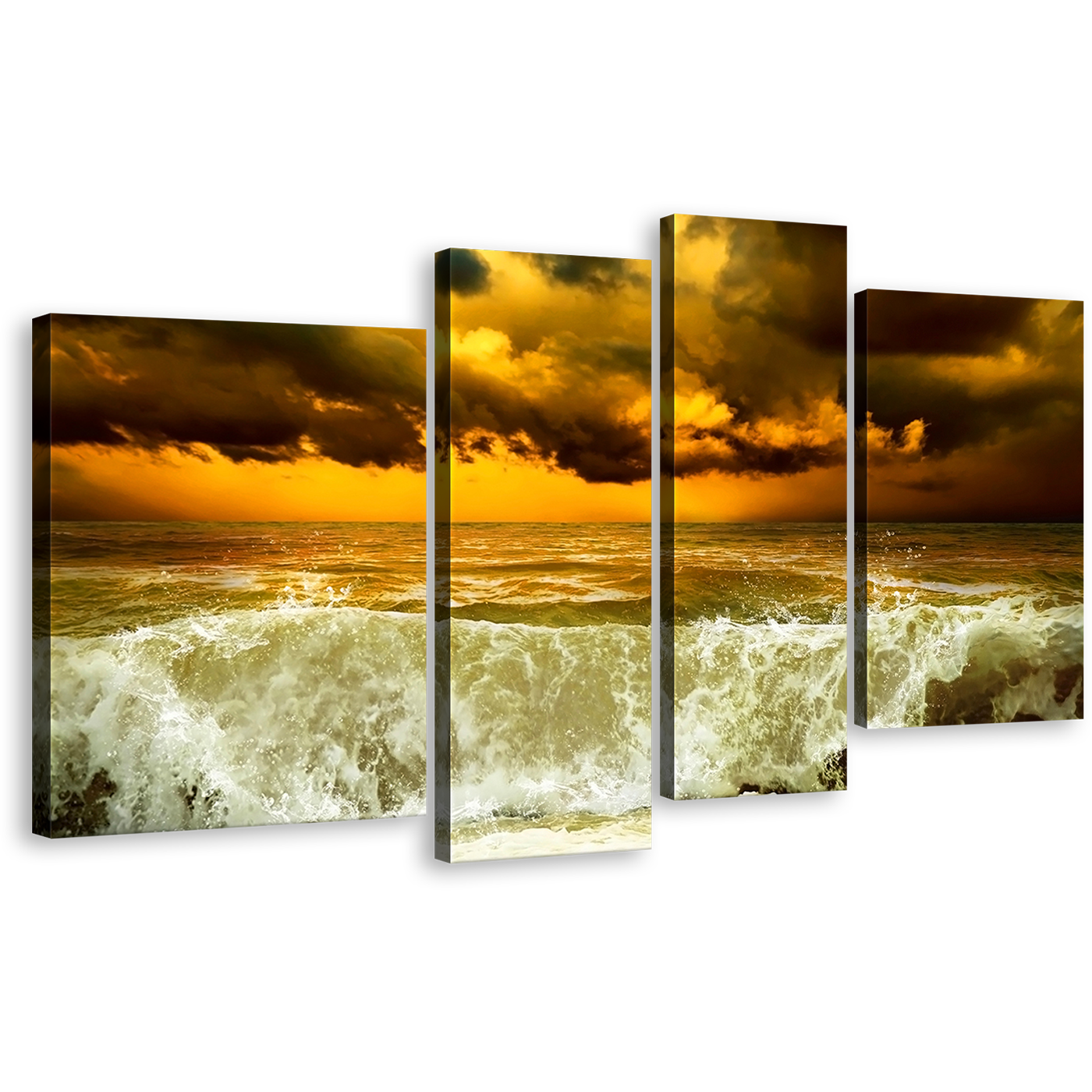 Sea Waves Canvas Print, Green Ocean Waves 4 Piece Canvas Wall Art, Yellow Cloudy Sky Seascape Storm Multi Canvas