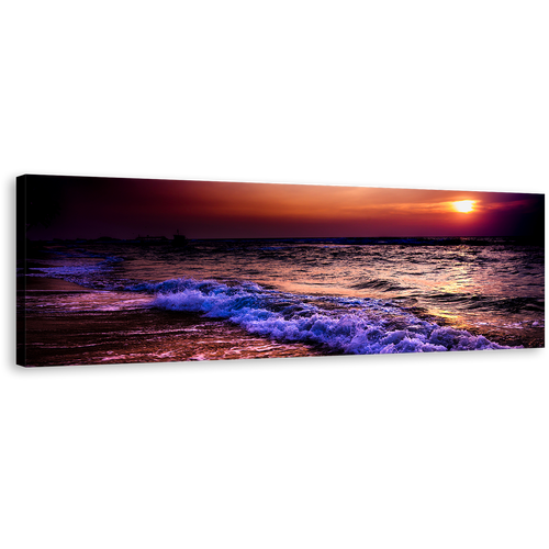 Sea Waves Canvas Wall Art, Blue Purple Ocean Waves Canvas Print, Cloudy Orange Sunset Ocean Sky 1 Piece Canvas