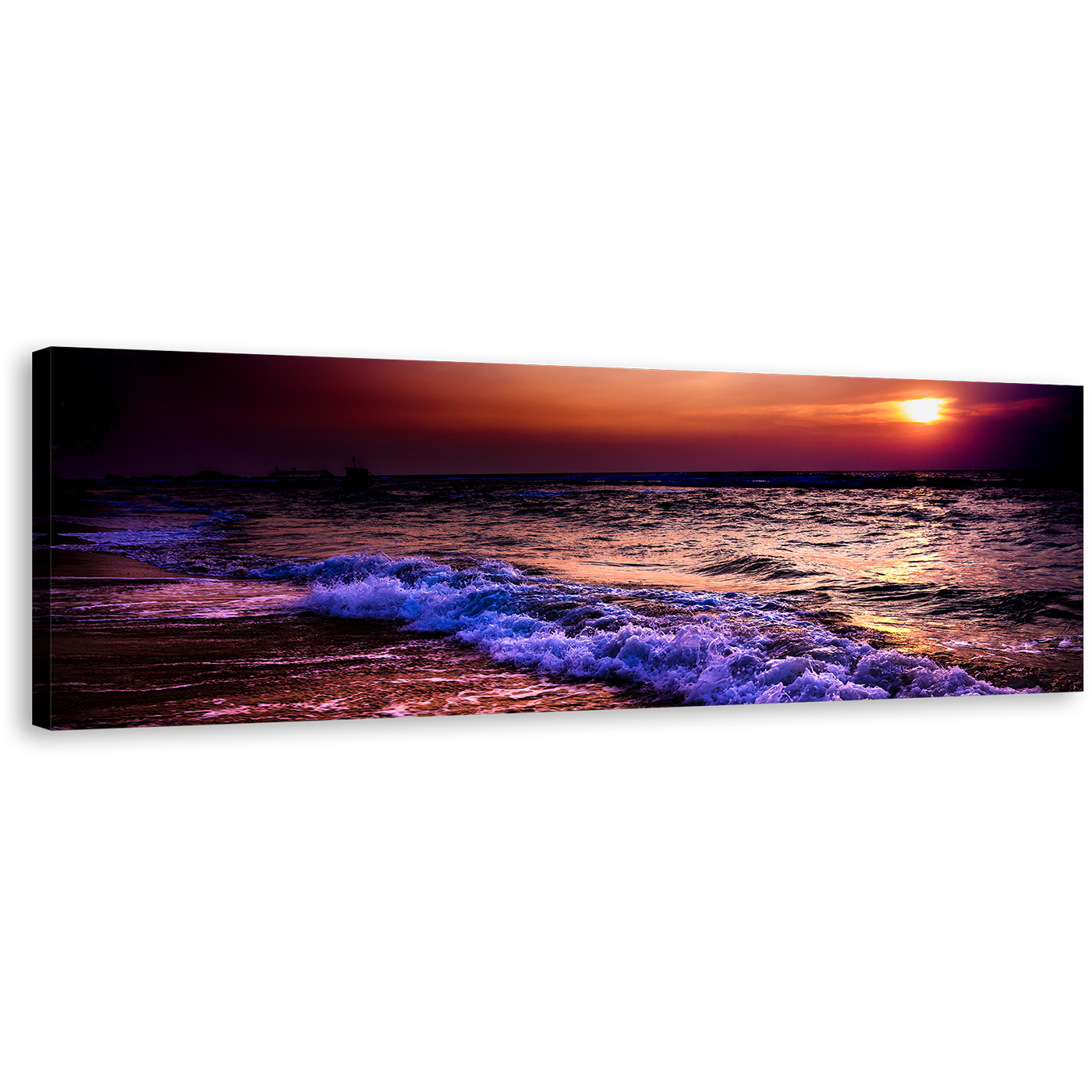 Sea Waves Canvas Wall Art, Blue Purple Ocean Waves Canvas Print, Cloudy Orange Sunset Ocean Sky 1 Piece Canvas