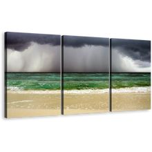 Load image into Gallery viewer, Sea Waves Canvas Wall Art, Dramatic Grey Clouds Ocean Sky Canvas Print, Yellow Sand Beach 3 Piece Multi Panel Canvas
