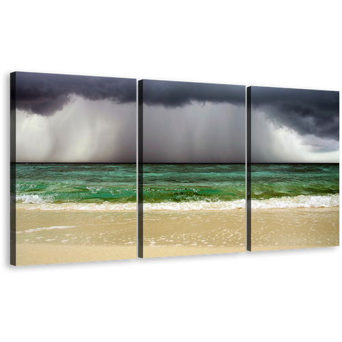 Sea Waves Canvas Wall Art, Dramatic Grey Clouds Ocean Sky Canvas Print, Yellow Sand Beach 3 Piece Multi Panel Canvas