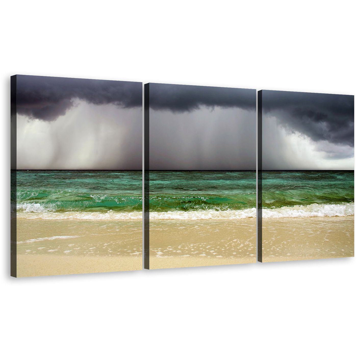 Sea Waves Canvas Wall Art, Dramatic Grey Clouds Ocean Sky Canvas Print, Yellow Sand Beach 3 Piece Multi Panel Canvas