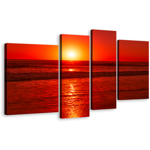 Sea Waves Canvas Wall Art, Red Pacific Ocean 4 Piece Multi Canvas, Yellow Sunset Ocean Sky Canvas Print