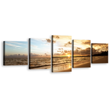 Load image into Gallery viewer, Sea Waves Canvas Wall Art, Yellow Sunset Ocean Beach 5 Piece Canvas Set, Brown Caribbean Sea Multiple Canvas
