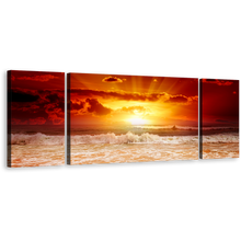 Load image into Gallery viewer, Sea Waves Canvas Wall Art, Yellow Sunset Sunshine Seascape Canvas Print, Cloudy Orange Ocean Sky 3 Piece Canvas
