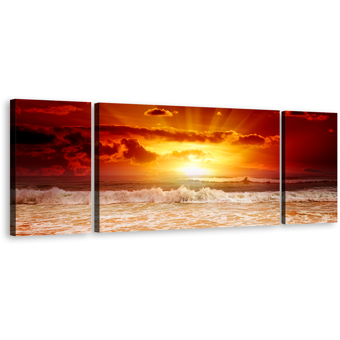 Sea Waves Canvas Wall Art, Yellow Sunset Sunshine Seascape Canvas Print, Cloudy Orange Ocean Sky 3 Piece Canvas