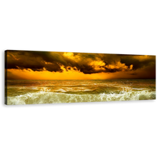 Load image into Gallery viewer, Seascape Storm Canvas Print, Dramatic Clouds Yellow Sunset Panoramic Canvas Art, Green Ocean Waves Wall Art
