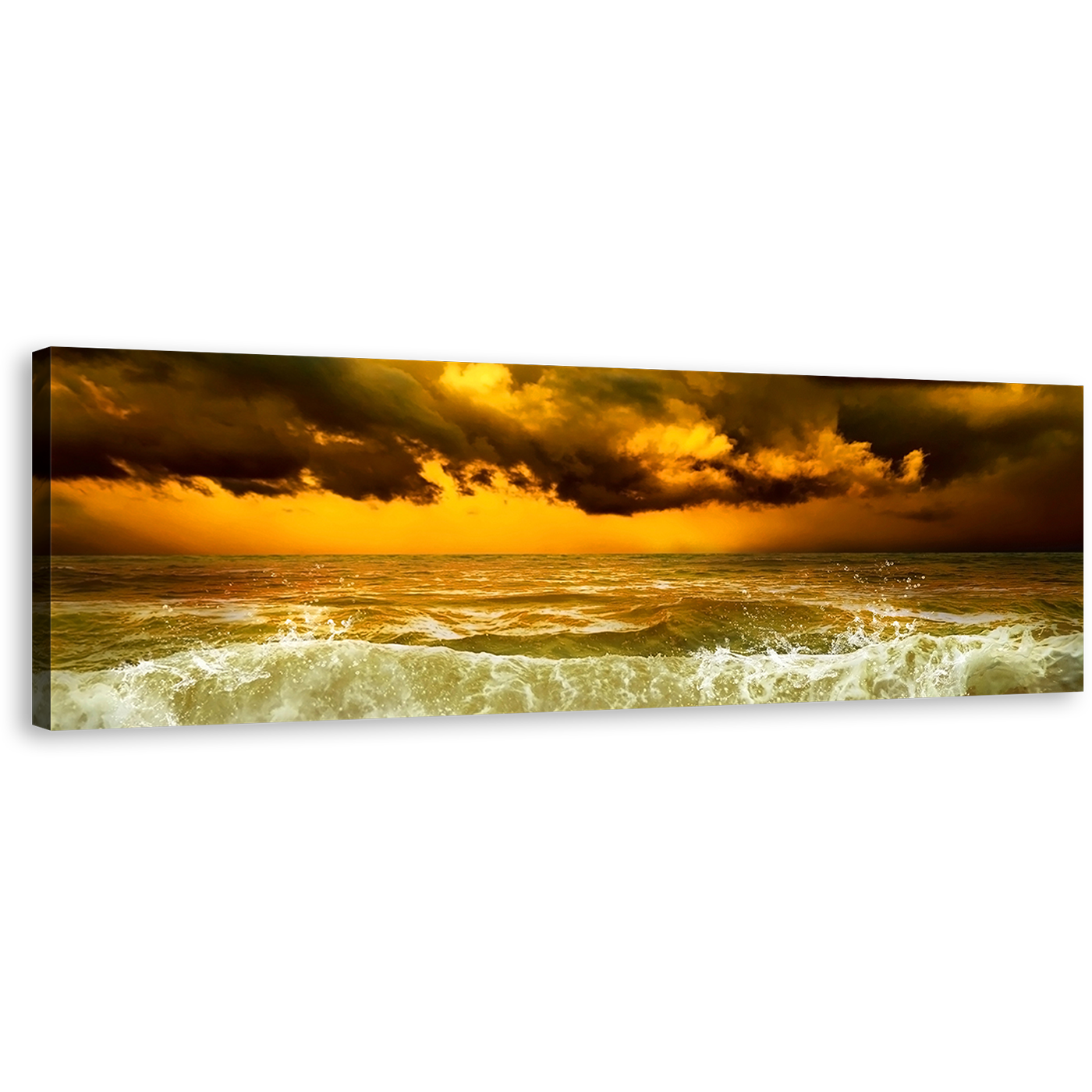 Seascape Storm Canvas Print, Dramatic Clouds Yellow Sunset Panoramic Canvas Art, Green Ocean Waves Wall Art