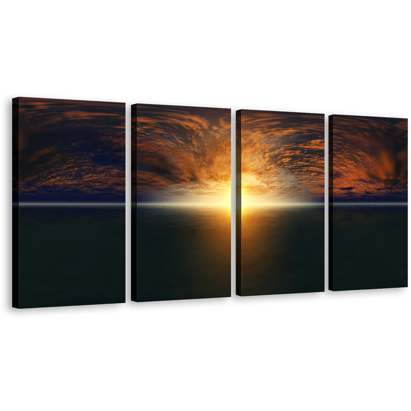 Seascape Sunset Canvas Print, Dramatic Orange Clouds Sea Split Canvas, Yellow Ocean Sky 4 Piece Canvas Wall Art