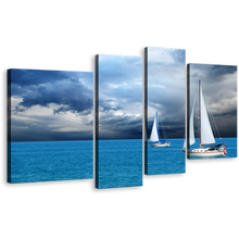 Load image into Gallery viewer, Seaside Reflections Wall Art, White Sailing Boats Sea Canvas Print, Cloudy Sky Blue Ocean 4 Piece Multiple Canvas
