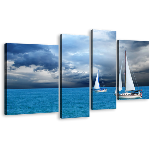 Seaside Reflections Wall Art, White Sailing Boats Sea Canvas Print, Cloudy Sky Blue Ocean 4 Piece Multiple Canvas