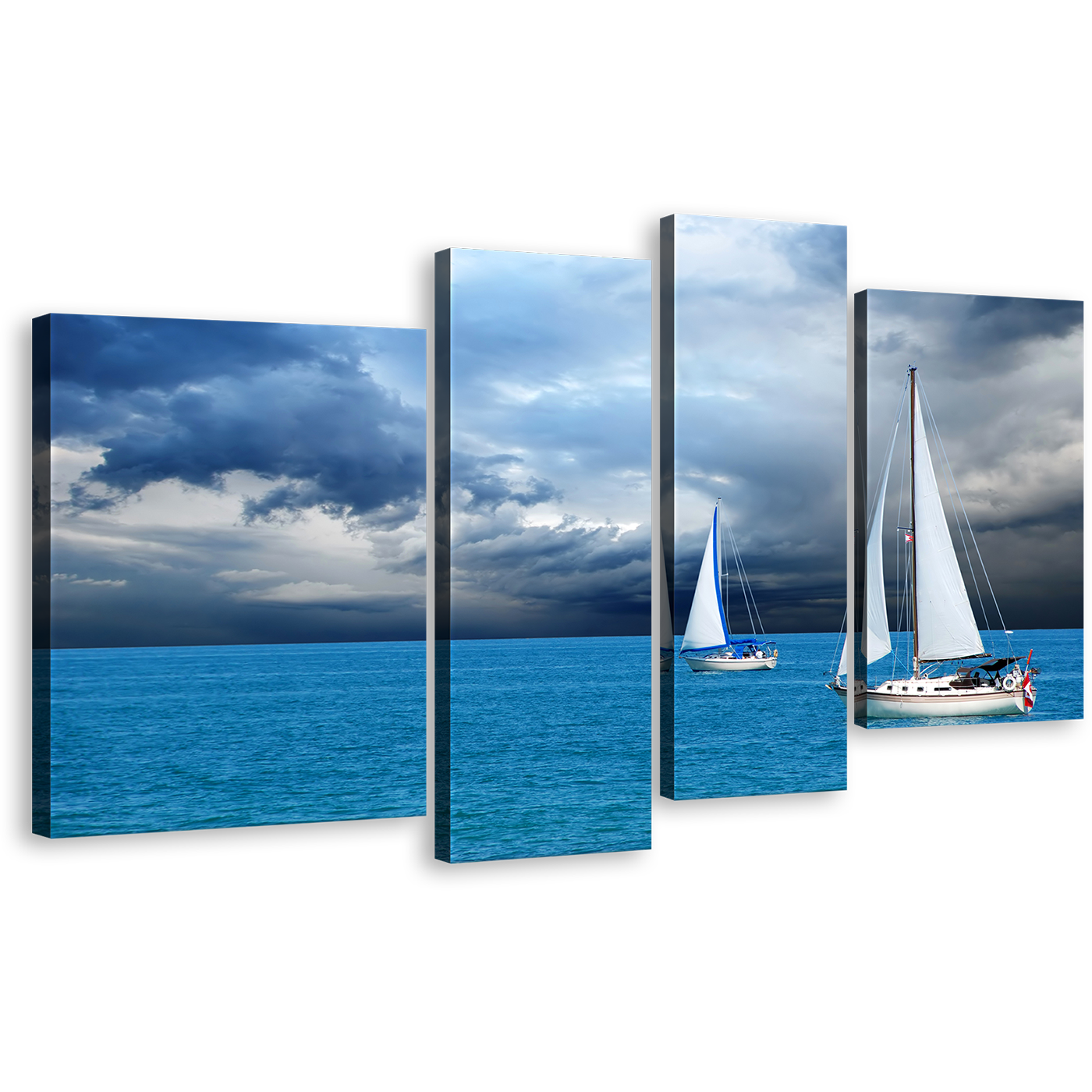 Seaside Reflections Wall Art, White Sailing Boats Sea Canvas Print, Cloudy Sky Blue Ocean 4 Piece Multiple Canvas