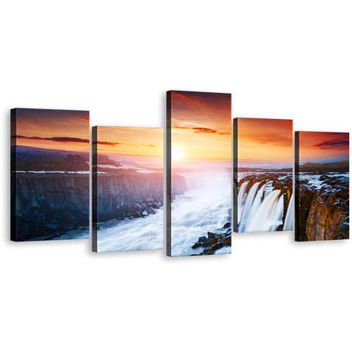 Selfoss Cascade Canvas Print, White Selfoss Cascade Jokulsa a Fjollum Iceland Wall Art, Vatnajokull National Park Yellow Sunset 5 Piece Multiple Canvas