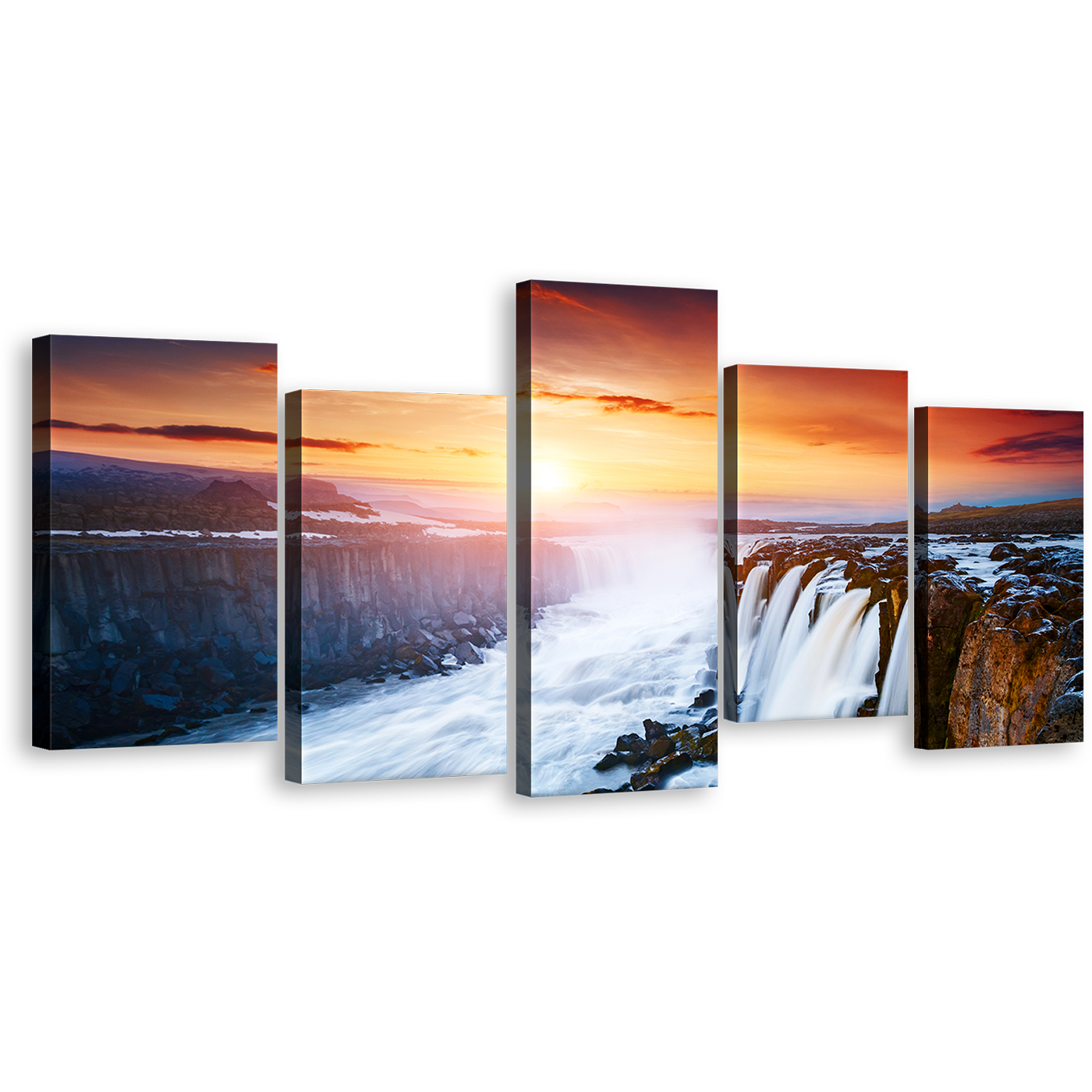 Selfoss Cascade Canvas Print, White Selfoss Cascade Jokulsa a Fjollum Iceland Wall Art, Vatnajokull National Park Yellow Sunset 5 Piece Multiple Canvas