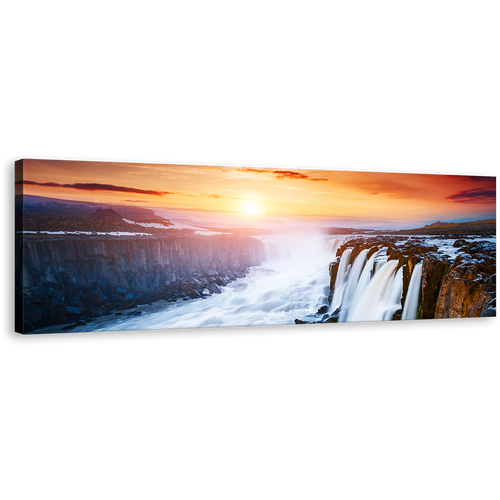 Selfoss Waterfall Canvas Print, Vatnajokull National Park Yellow Sunset 1 Piece Wall Art, White Selfoss Cascade Jokulsa a Fjollum Iceland Canvas Art