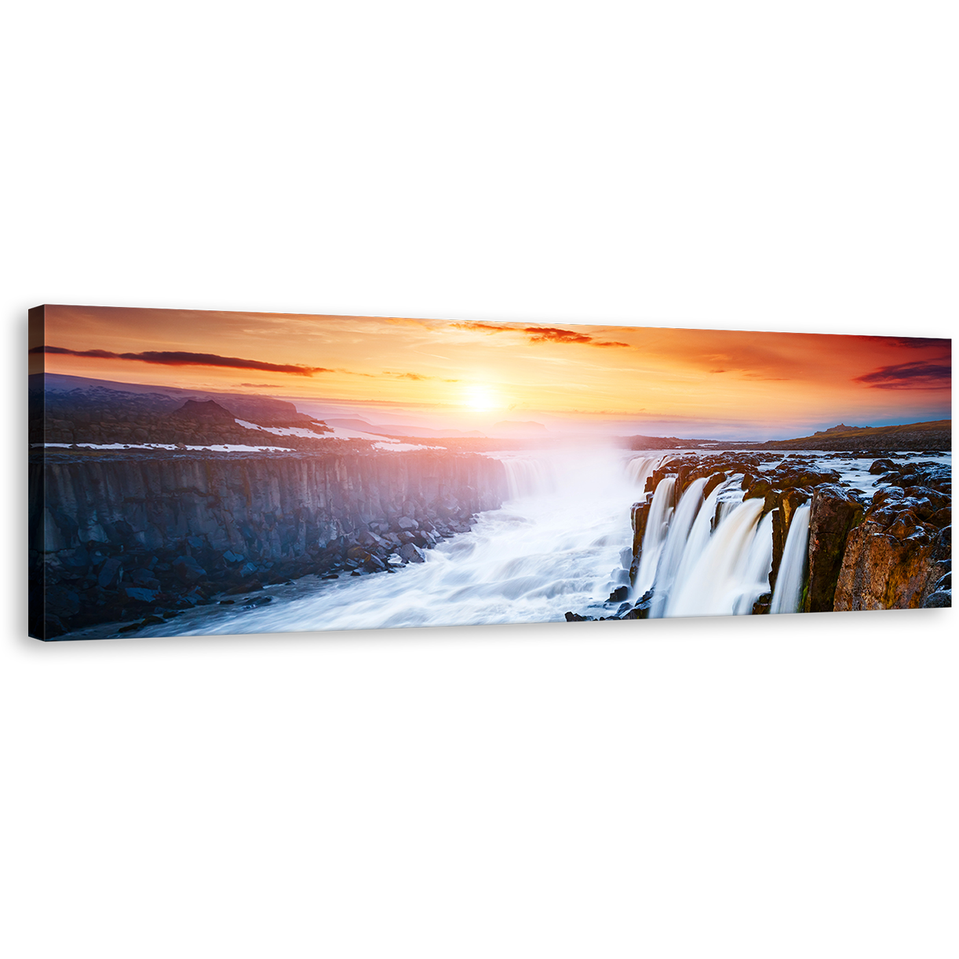 Selfoss Waterfall Canvas Print, Vatnajokull National Park Yellow Sunset 1 Piece Wall Art, White Selfoss Cascade Jokulsa a Fjollum Iceland Canvas Art