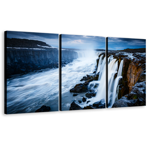 Selfoss Waterfall Canvas Print, White Selfoss Cascade Stream Canvas Set, Vatnajokull National Park Blue Sky Jokulsa a Fjollum 3 Piece Wall Art