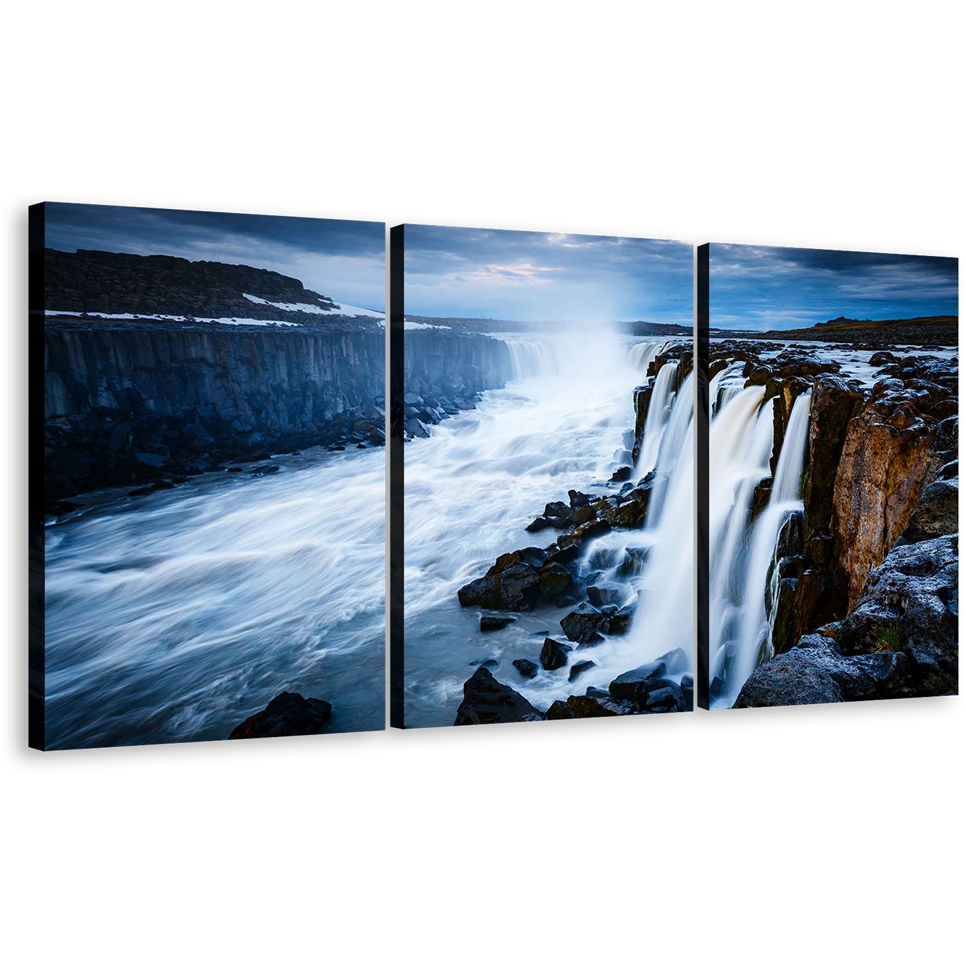 Selfoss Waterfall Canvas Print, White Selfoss Cascade Stream Canvas Set, Vatnajokull National Park Blue Sky Jokulsa a Fjollum 3 Piece Wall Art