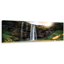 Load image into Gallery viewer, Seljalandsfoss Falls Canvas Print, Yellow Sunset Iceland landscape Waterfall Canvas Artwork, Beautiful White Rainforest Waterfall 1 Piece Canvas Wall Art
