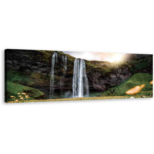 Seljalandsfoss Falls Canvas Print, Yellow Sunset Iceland landscape Waterfall Canvas Artwork, Beautiful White Rainforest Waterfall 1 Piece Canvas Wall Art