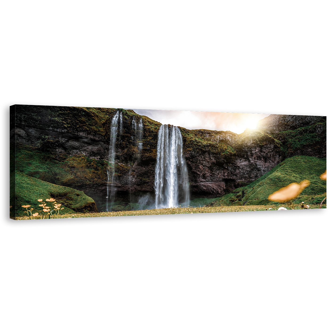 Seljalandsfoss Falls Canvas Print, Yellow Sunset Iceland landscape Waterfall Canvas Artwork, Beautiful White Rainforest Waterfall 1 Piece Canvas Wall Art