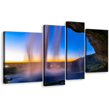 Load image into Gallery viewer, Seljalandsfoss Sunset Canvas Print, Blue Sky Iceland Waterfall Multi Canvas, Yellow Sunset Waterfall Scenery 4 Piece Canvas Wall Art
