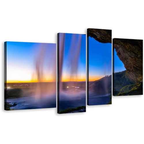 Seljalandsfoss Sunset Canvas Print, Blue Sky Iceland Waterfall Multi Canvas, Yellow Sunset Waterfall Scenery 4 Piece Canvas Wall Art