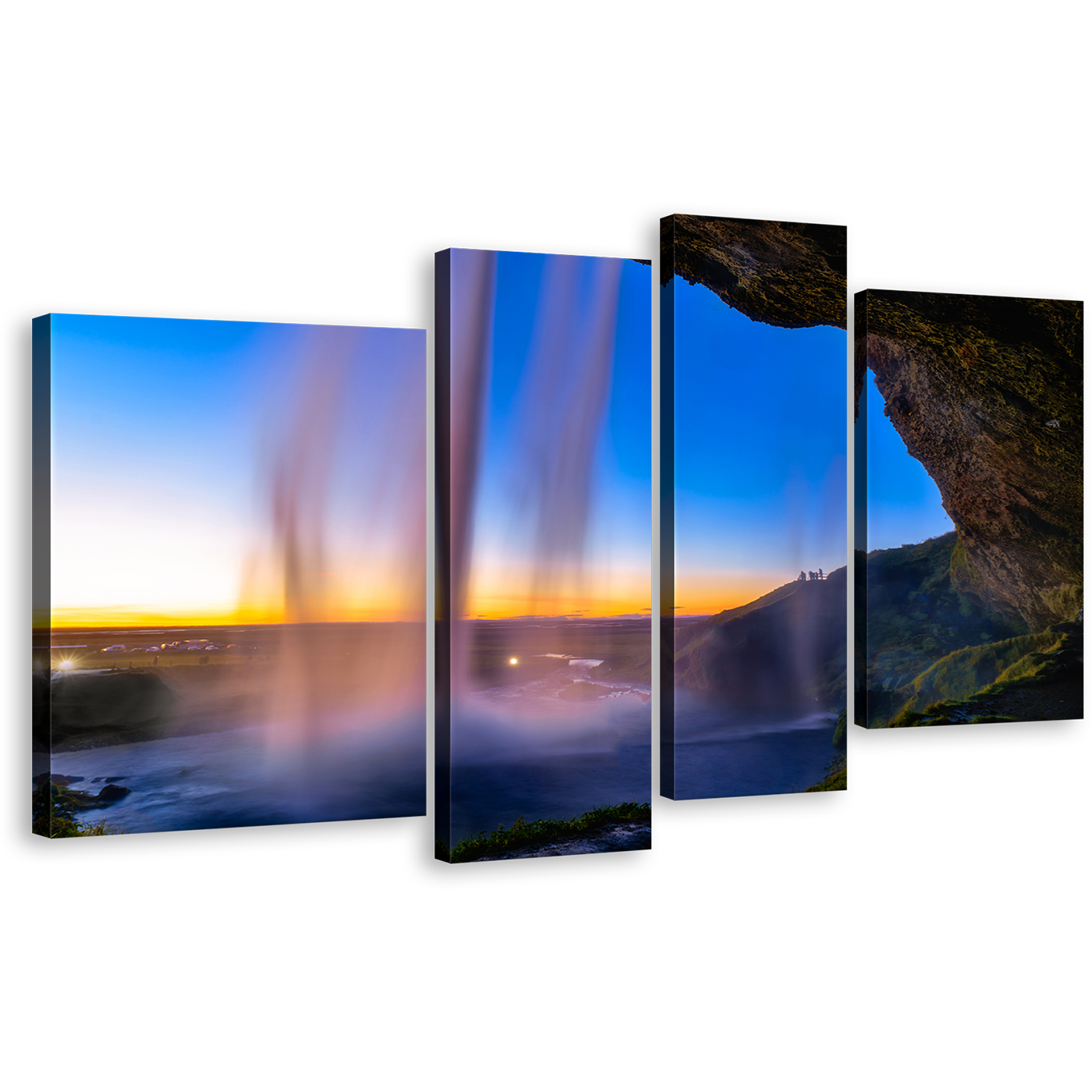 Seljalandsfoss Sunset Canvas Print, Blue Sky Iceland Waterfall Multi Canvas, Yellow Sunset Waterfall Scenery 4 Piece Canvas Wall Art