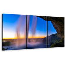 Load image into Gallery viewer, Seljalandsfoss Waterfall Canvas Wall Art, Blue Sky Waterfall Scenery 3 Piece Multi Panel Canvas, Yellow Sunset Iceland Waterfall Canvas Print
