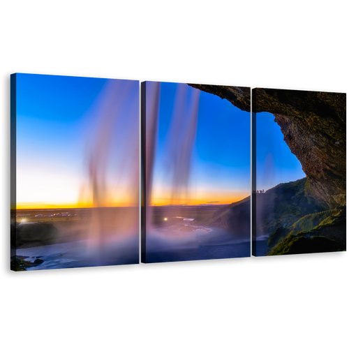 Seljalandsfoss Waterfall Canvas Wall Art, Blue Sky Waterfall Scenery 3 Piece Multi Panel Canvas, Yellow Sunset Iceland Waterfall Canvas Print