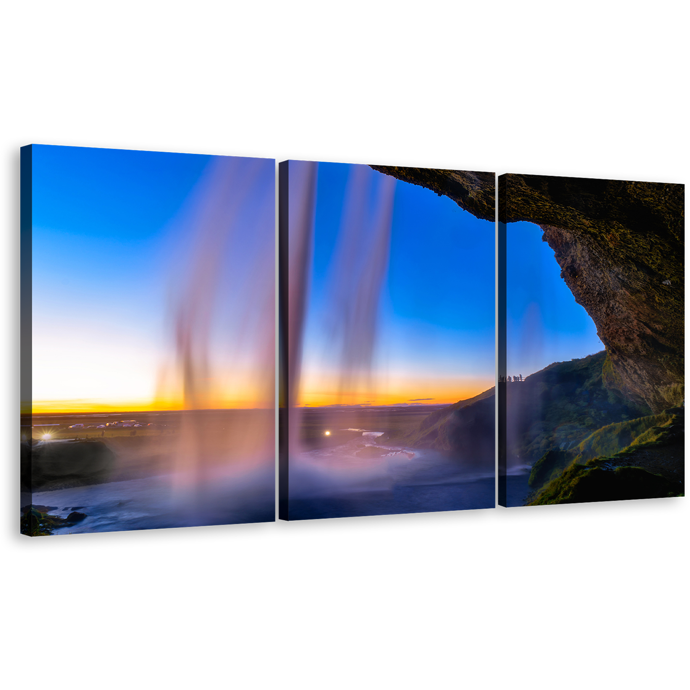 Seljalandsfoss Waterfall Canvas Wall Art, Blue Sky Waterfall Scenery 3 Piece Multi Panel Canvas, Yellow Sunset Iceland Waterfall Canvas Print