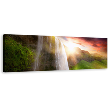 Load image into Gallery viewer, Seljalandsfoss Waterfalls Canvas Wall Art, Green Iceland Scenery 1 Piece Canvas, Waterfalls Into The Yellow Sunset Canvas Print
