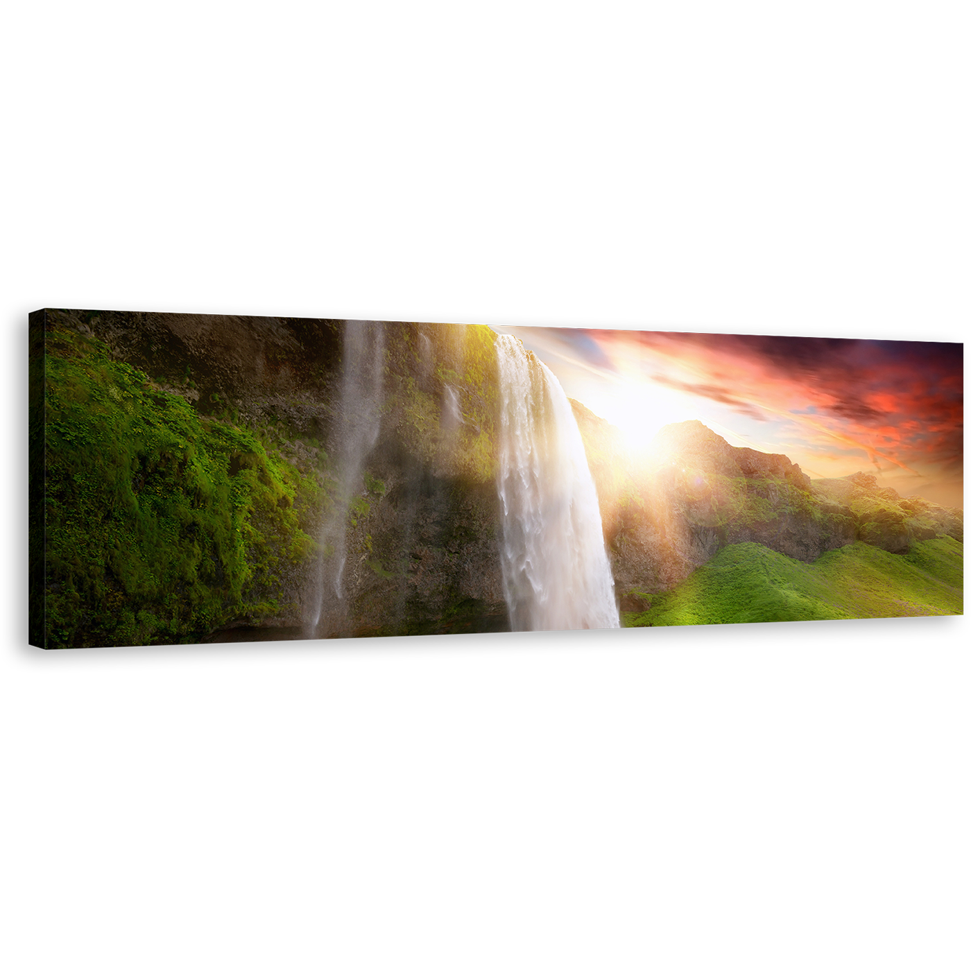 Seljalandsfoss Waterfalls Canvas Wall Art, Green Iceland Scenery 1 Piece Canvas, Waterfalls Into The Yellow Sunset Canvas Print