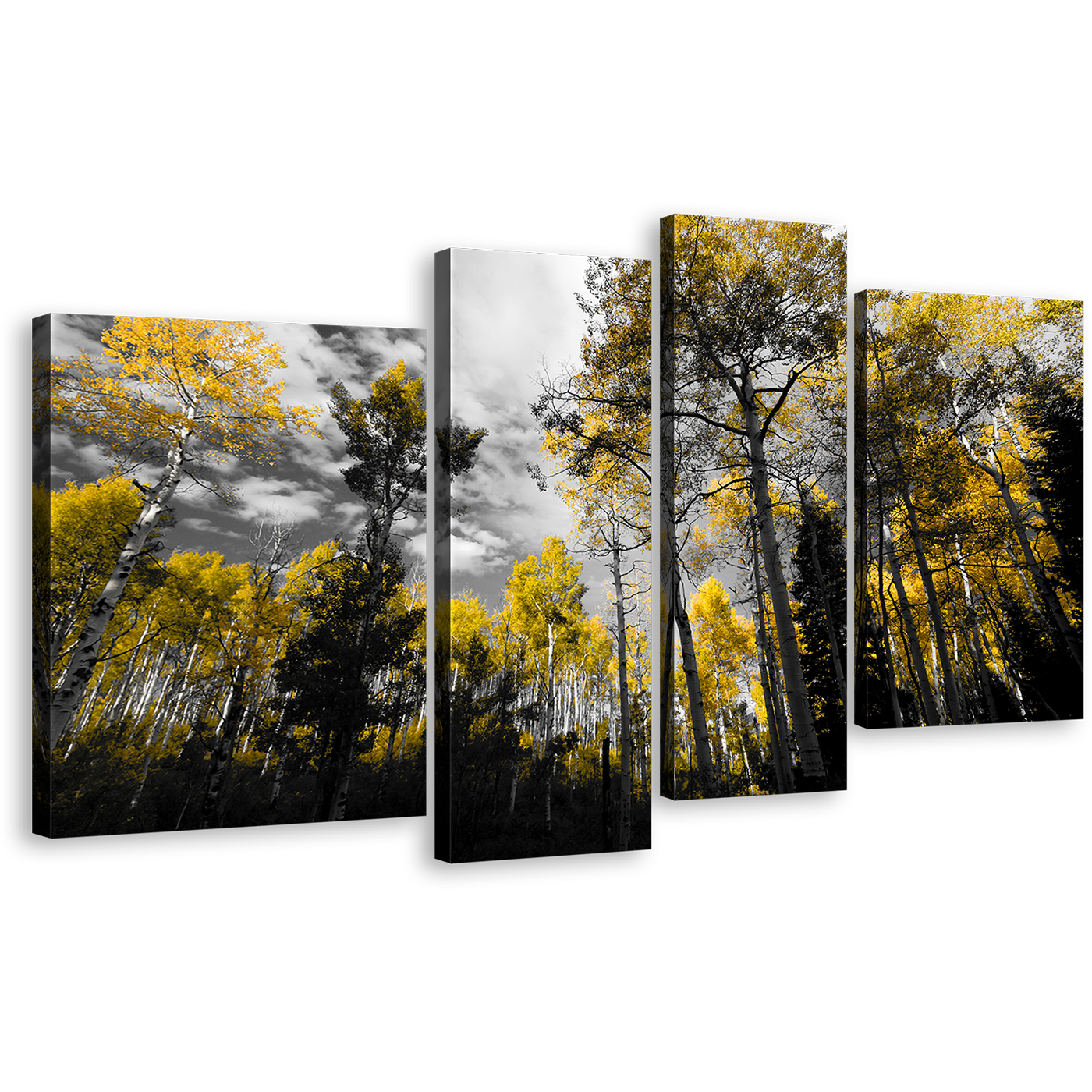 Serene Forest Wall Art, Black & Yellow Forest Trees 4 Piece Canvas Multi-panel Print, Cloudy Dark Sky Scenery Multi Canvas