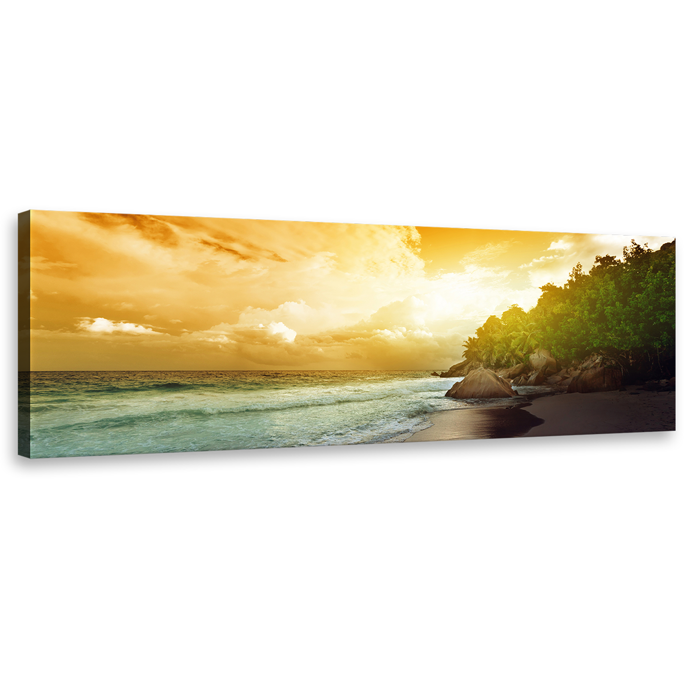 Seychelles Beach Canvas Wall Art, Green La Digue Island 1 Piece Canvas, Blue Ocean Beach Yellow Sky Canvas Print